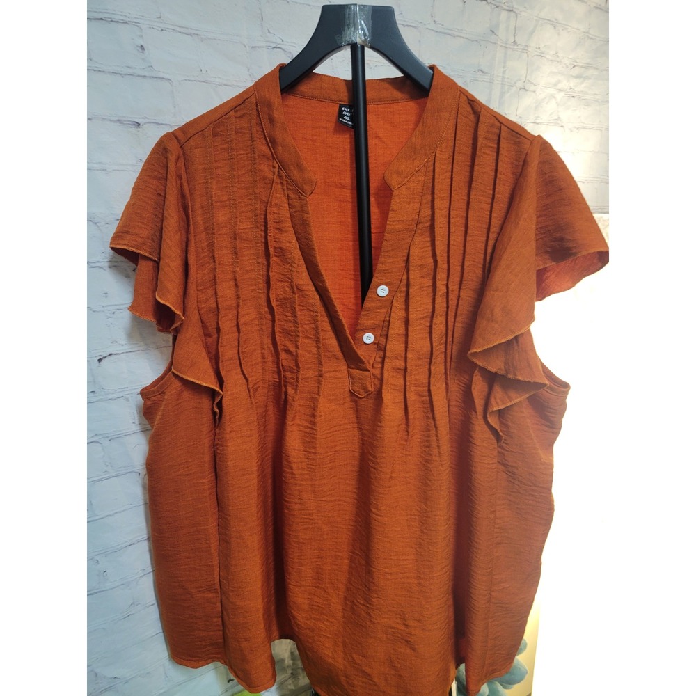Shein Curve Burnt Orange Pintuck‎ Pleated Flutter Sleeve Blouse Plus Size 4XL